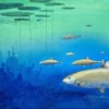 Aquarelle originale de Renaud Prégaldiny, artiste peintre aquarelliste Lyonnais. Paysage onirique sous-marin où des poissons dorés nagent paisiblement en direction d'un château féérique.