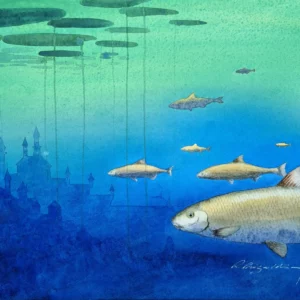Aquarelle originale de Renaud Prégaldiny, artiste peintre aquarelliste Lyonnais. Paysage onirique sous-marin où des poissons dorés nagent paisiblement en direction d'un château féérique.