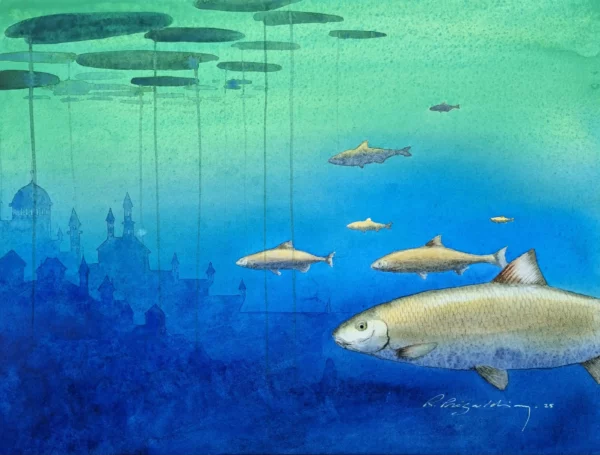 Aquarelle originale de Renaud Prégaldiny, artiste peintre aquarelliste Lyonnais. Paysage onirique sous-marin où des poissons dorés nagent paisiblement en direction d'un château féérique.
