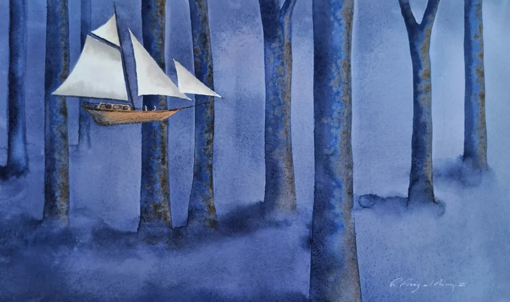 Explorer la nuit. Aquarelle originale de Renaud Prégaldiny peintre aquarelliste Français. Un voilier vogue dans une forêt profonde comme pour en explorer la nuit.