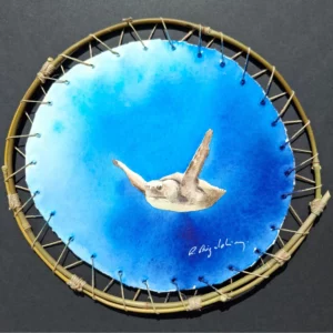 Aquarelle originale de Renaud Prégaldiny. Petite tortue de mer voyageant dans l'océan immense. Technique exclusive de papier tendu directement sur un cadre de bambou.