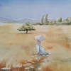 Aquarelle originale de Renaud Prégaldiny artiste peintre aquarelliste Français. Prix d'aquarelle 2026 Rochetaillée. Une jeune femme en robe blanche marche dans un pré couleur ocre avec une ombrelle. Elle avance de dos sur un chemin d'ombelifères blanches et se dirige vers un arbre. L'ensemble représente un grand paysage ensoleillé avec des montagnes au loin.