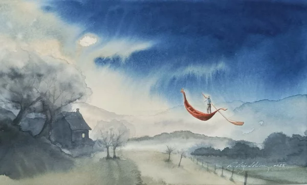 Aquarelle du peintre Renaud Prégaldiny, artiste lyonnais. Peinture fantastique d'un personnage qui cherche la lumière sur une barque volante.