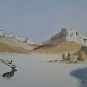 Aquarelle originale de Renaud Prégaldiny artiste peintre aquarelliste Lyonnais. Paysage de nature paisible aux pieds des montagnes majestueuses avec un cerf dans la brume.