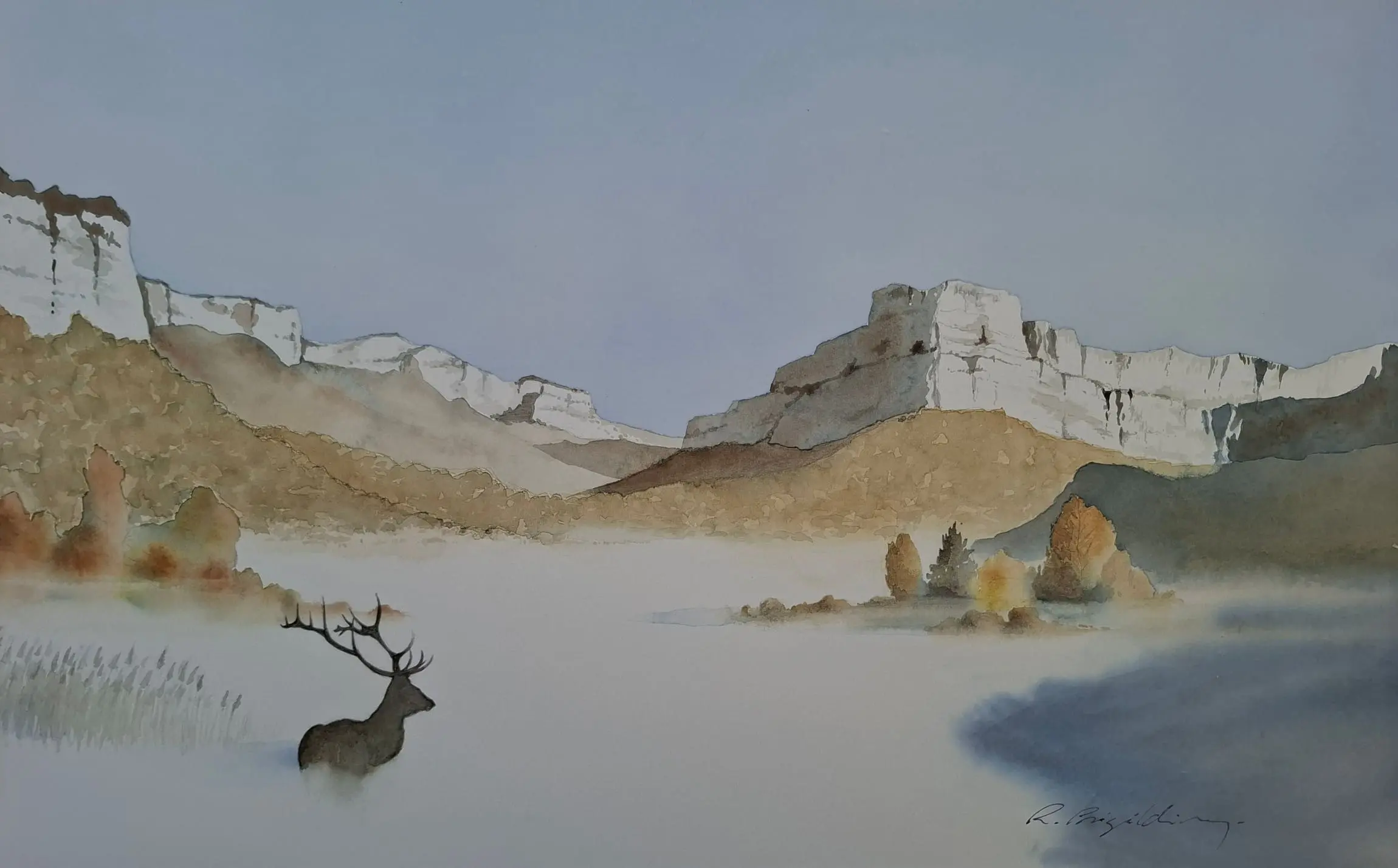 Aquarelle originale de Renaud Prégaldiny artiste peintre aquarelliste Lyonnais. Paysage de nature paisible aux pieds des montagnes majestueuses avec un cerf dans la brume.