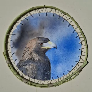 Aquarelle originale de Renaud Prégaldiny, peintre Lyonnais. Aigle royal majestueux. Technique exclusive de papier Arches tendu sur un cadre de bambou.