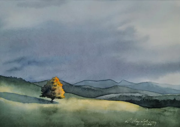 Aquarelle originale de Renaud Prégaldiny artiste peintre aquarelliste Lyonnais. Paysage paisible et onirique. Arbre solitaire.