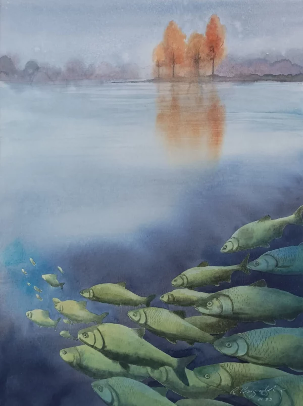 Aquarelle originale de Renaud Prégaldiny peintre aquarelliste Lyonnais. Paysage aquatique avec poissons. Sous la surface paisible.