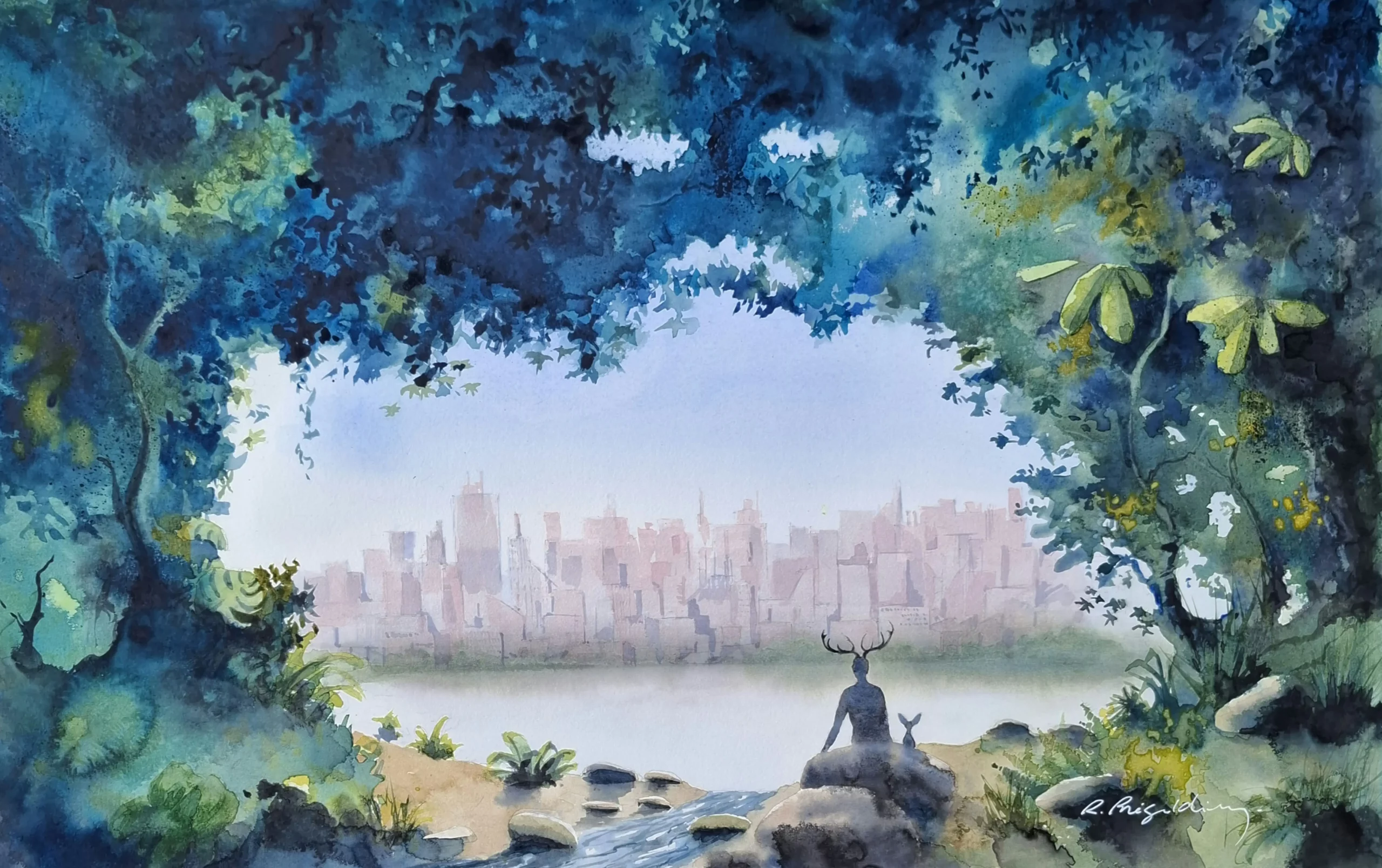 Aquarelle originale du peintre aquarelliste Renaud Prégaldiny. Personnages fantastiques observant la ville immense depuis leur forêt luxuriante.