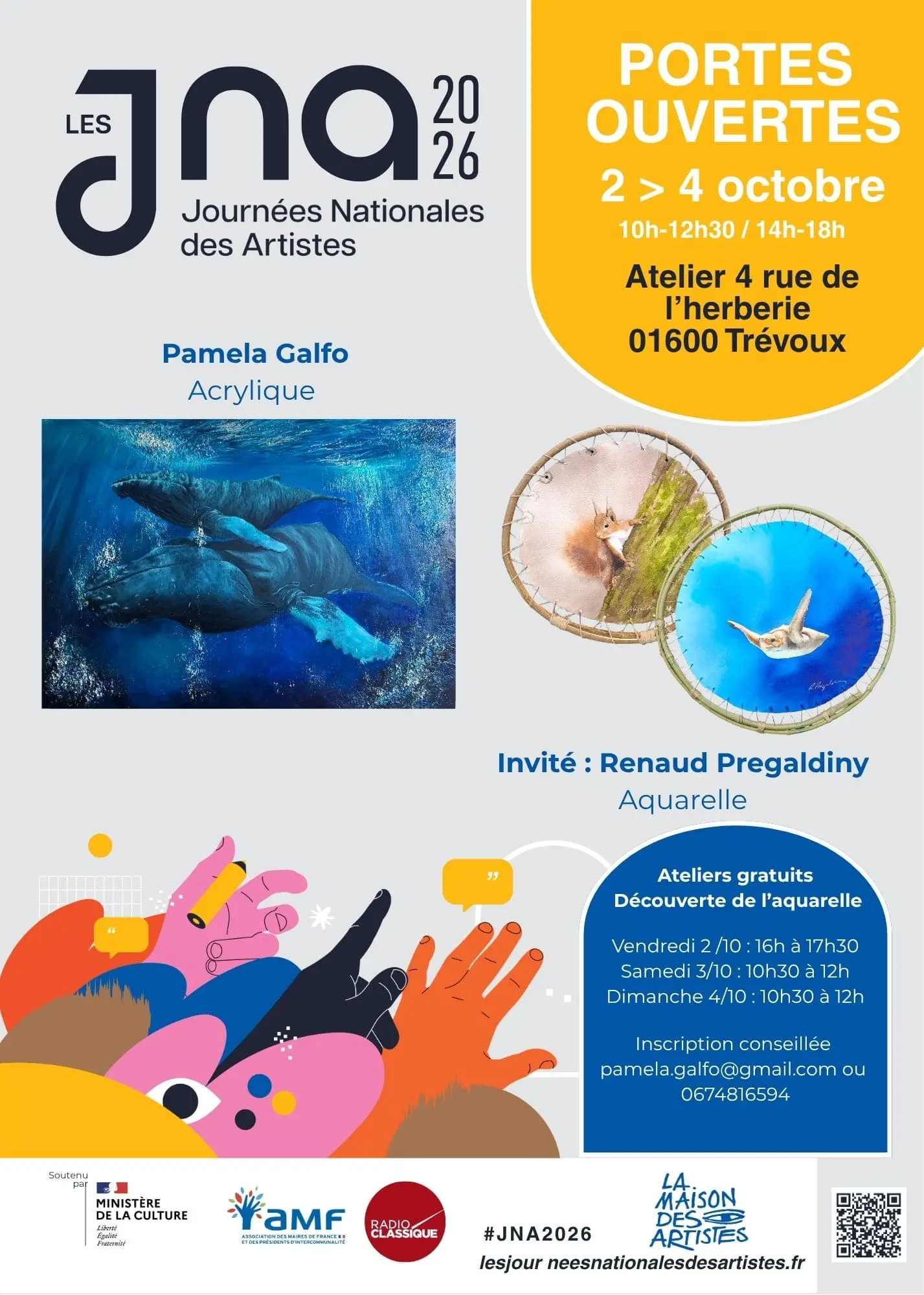 Affiche pour la journée nationale des artistes 2026. Renaud Prégaldiny artiste aquarelliste invité chez Pamela GALFO à Trévoux.