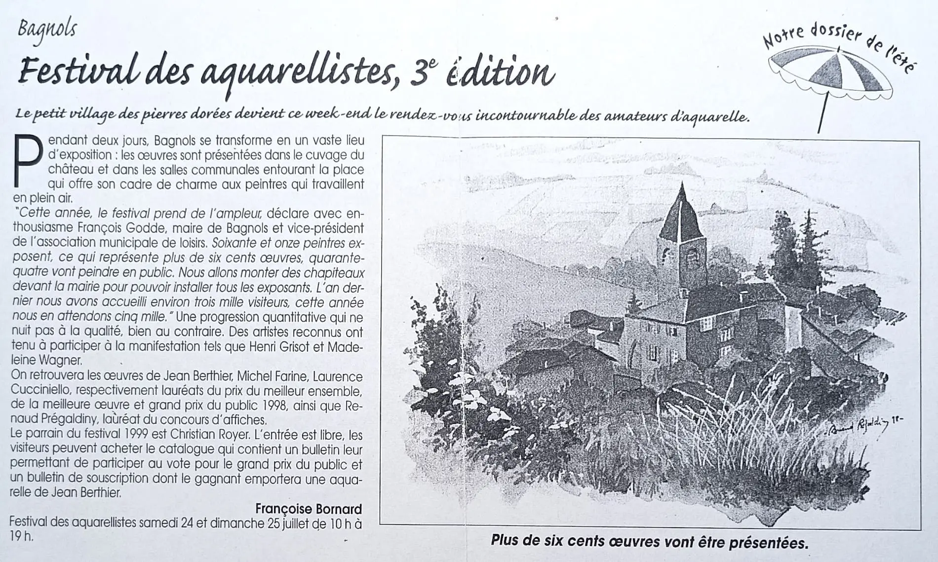 Article de presse Prix de la meilleure affiche festival de Bagnols en Beaujolais. Renaud Prégaldiny artiste peintre aquarelliste professionnel.