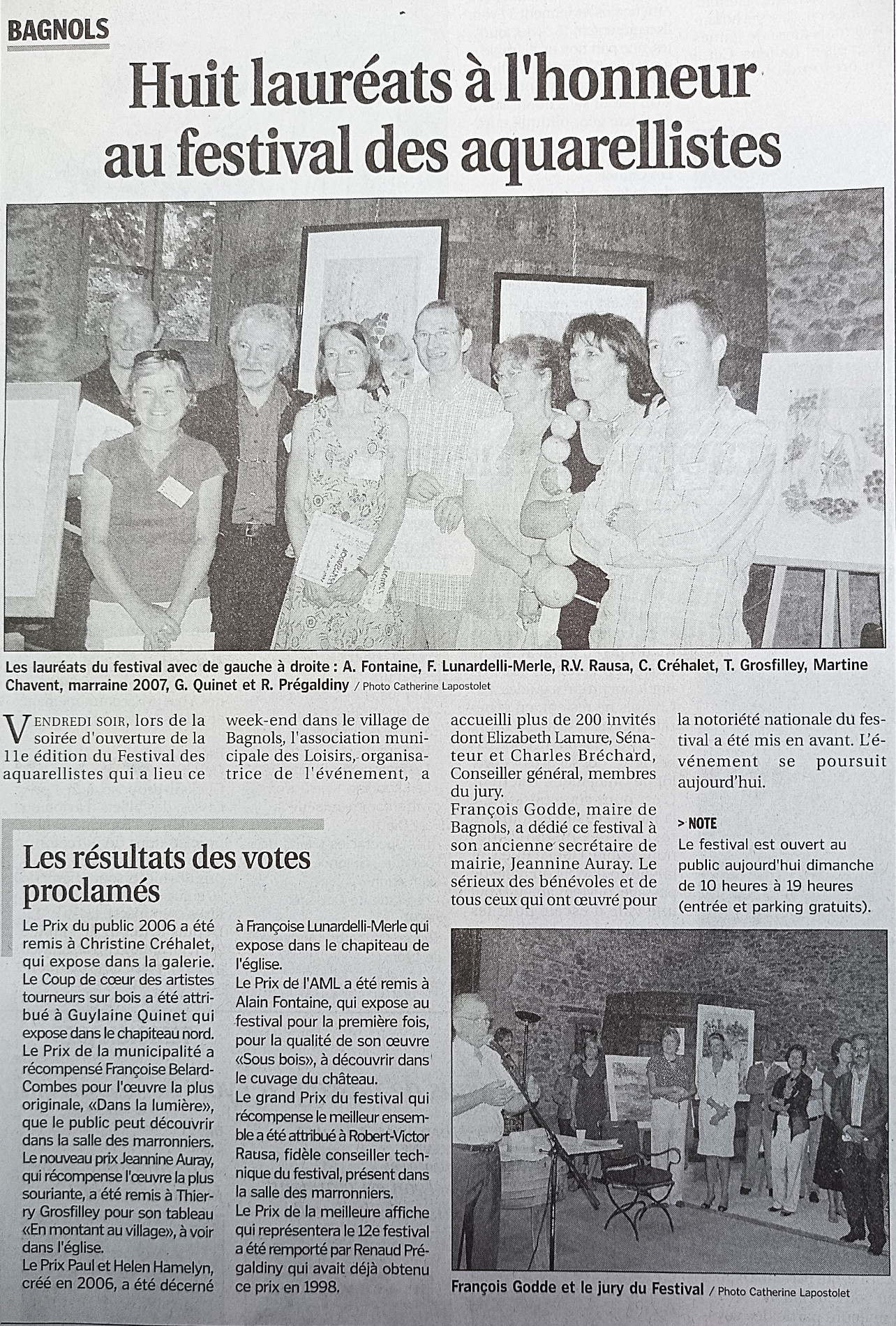 Article de presse Renaud Prégaldiny artiste peintre aquarelliste Français. Lauréats festival des aquarellistes de Bagnols en Beaujolais 2007.