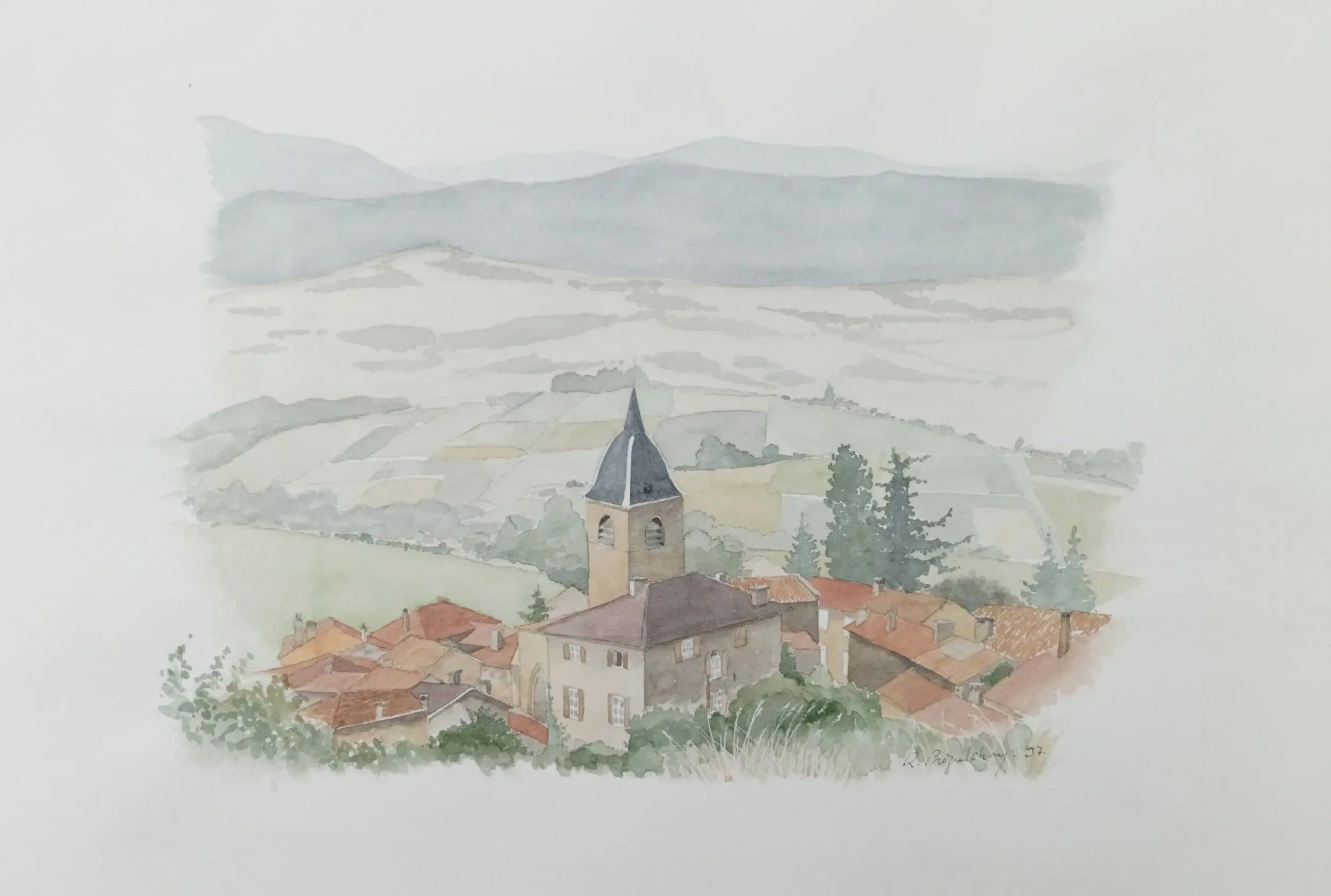 Aquarelle originale de Renaud Prégaldiny. Artiste peintre aquarelliste Lyonnais. Aquarelle de paysage, vue originale de Bagnols en beaujolais village des pierres dorées.