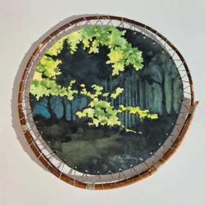 Aquarelle originale de Renaud Prégaldiny artiste peintre aquarelliste Lyonnais. Sous-bois ombragé avec des feuillages ensoleillés. Papier tendu sur cadre d'osier.