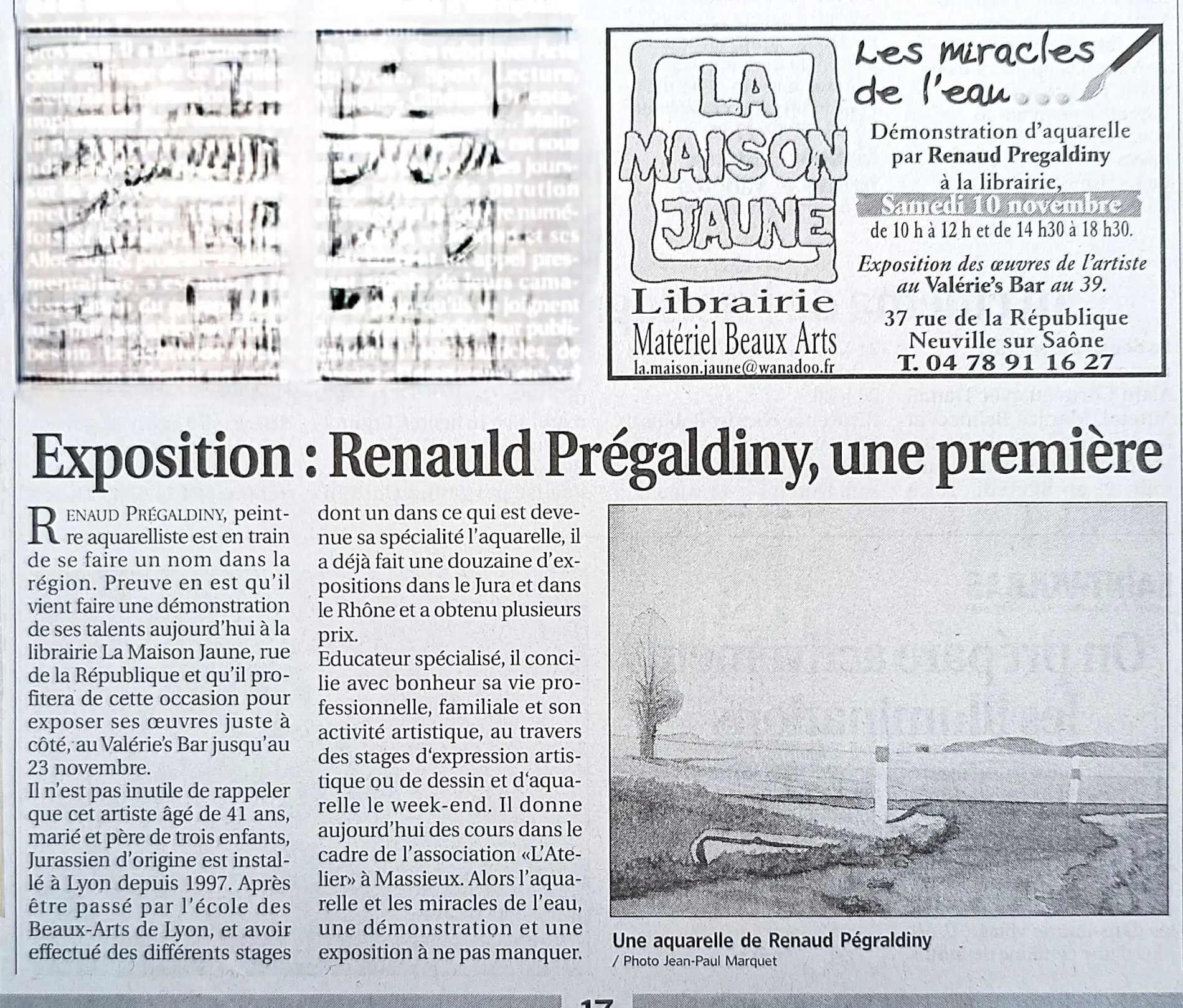 Article de presse Démonstration d'aquarelle à la librairie La Maison Jaune. Renaud Prégaldiny artiste peintre Français de Lyon.