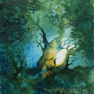 Aquarelle onirique dans la forêt avec une ambiance mystérieuse. Un personnage sort de l'ombre dans une lumière extraordinaire