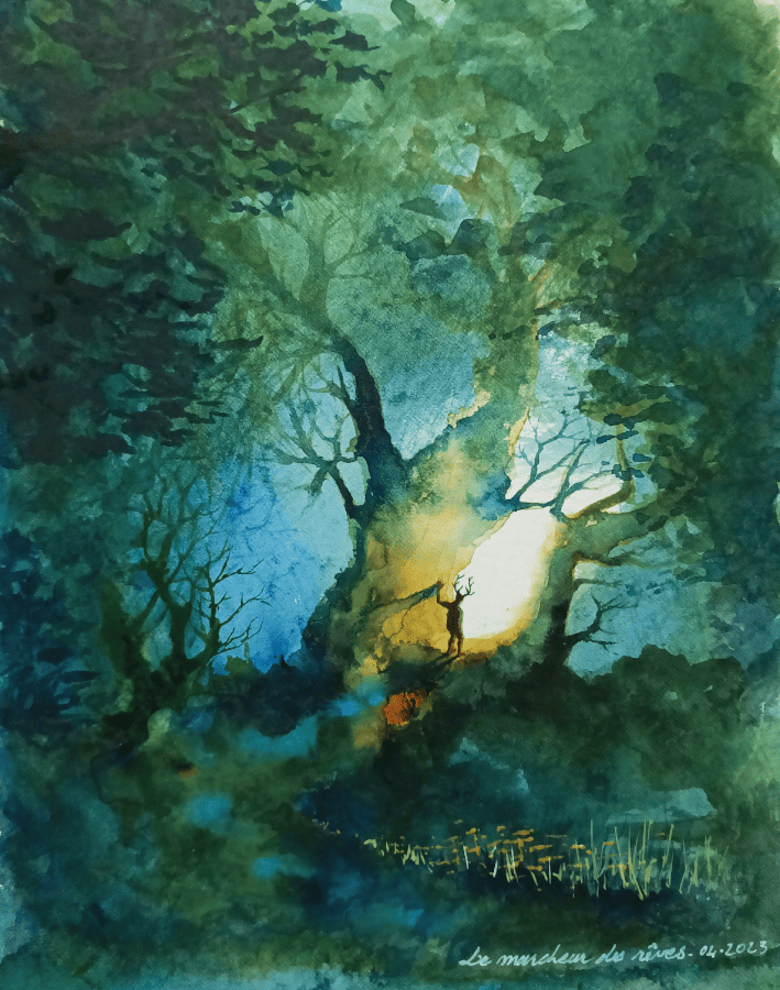 Aquarelle onirique dans la forêt avec une ambiance mystérieuse. Un personnage sort de l'ombre dans une lumière extraordinaire