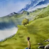 Aquarelle originale de Renaud Prégaldiny artiste peintre aquarelliste Lyonnais. Petit garçon admirant le paysage magnifique de la montagne.