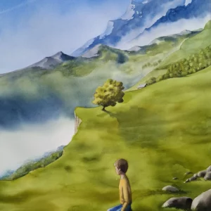 Aquarelle originale de Renaud Prégaldiny artiste peintre aquarelliste Lyonnais. Petit garçon admirant le paysage magnifique de la montagne.