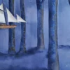 Explorer la nuit. Aquarelle originale de Renaud Prégaldiny peintre aquarelliste Français. Un voilier vogue dans une forêt profonde comme pour en explorer la nuit.