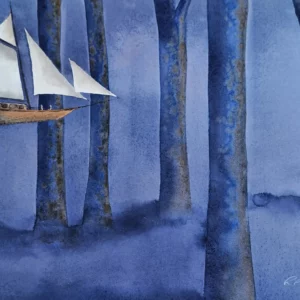 Explorer la nuit. Aquarelle originale de Renaud Prégaldiny peintre aquarelliste Français. Un voilier vogue dans une forêt profonde comme pour en explorer la nuit.