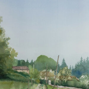 Aquarelle originale de Renaud Prégaldiny, artiste peintre Français de la région lyonnaise. Aquarelle de paysage, petit chemin menant à un hameau caché dans la végétation.