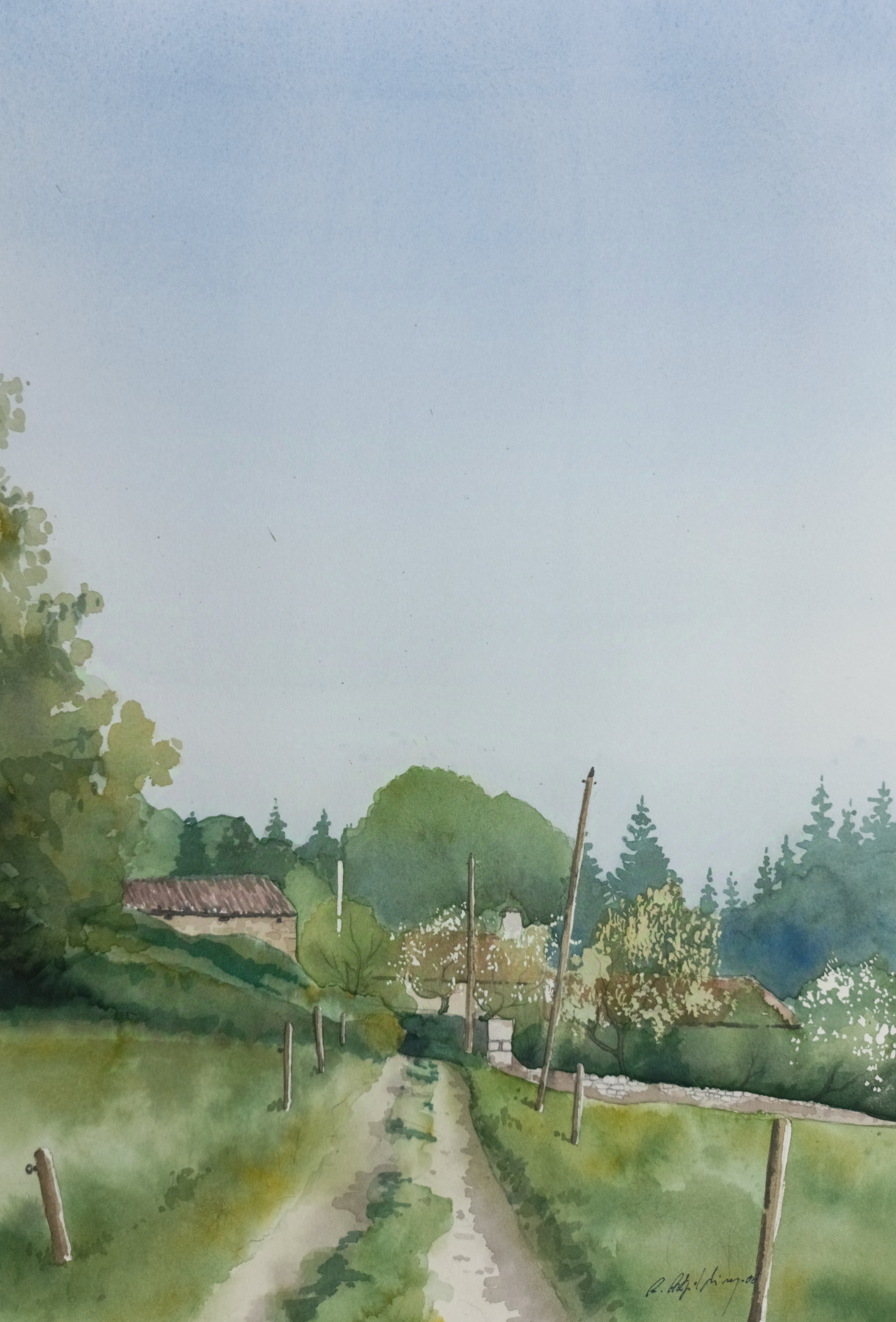 Aquarelle originale de Renaud Prégaldiny, artiste peintre Français de la région lyonnaise. Aquarelle de paysage, petit chemin menant à un hameau caché dans la végétation.