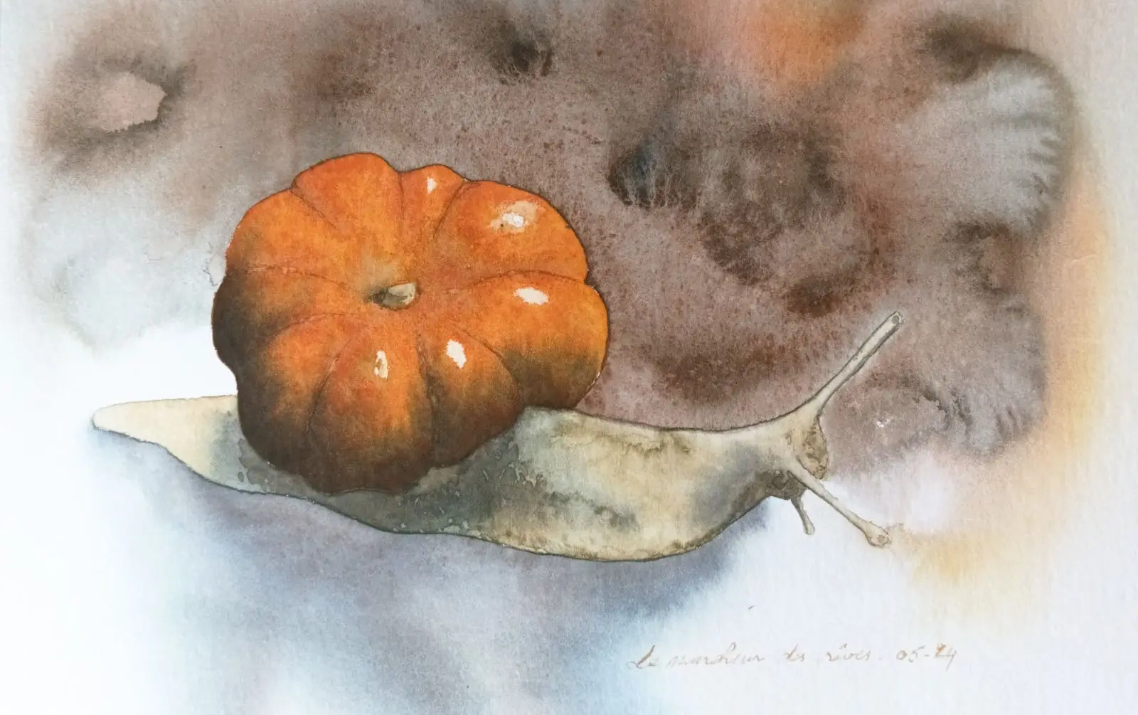 Aquarelle originale d'un être hybride fruit du mélange d'un escargot et d'une citrouille. Renaud Prégaldiny peintre aquarelliste Lyonnais à l'univers onirique et fantastique.