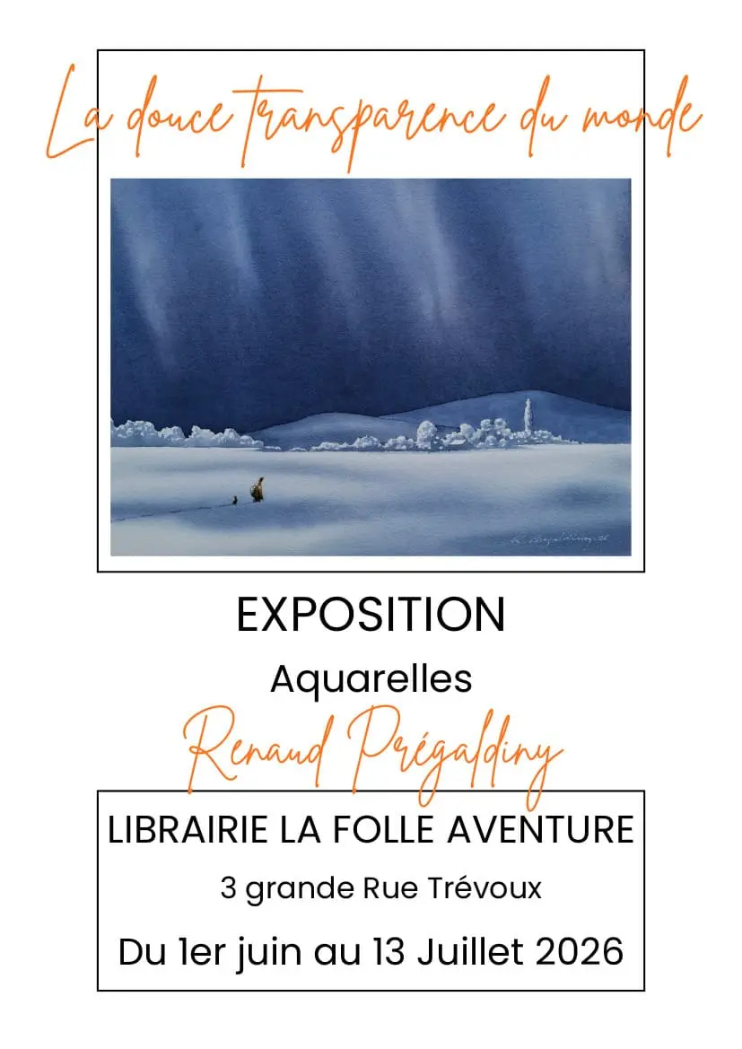 Affiche de l'exposition de l'artiste peintre aquarelliste Renaud Prégaldiny. Exposition à Trévoux dans la librairie de la folle aventure.
