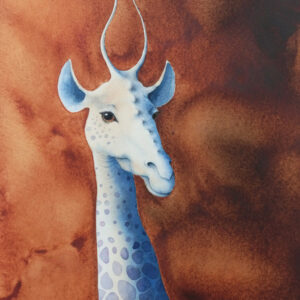 Aquarelle de Renaud Prégaldiny artiste peintre aquarelliste de Lyon. Personnage fantastique et poétique, la Girafe bleue nous regarde avec son étrange différence et son élégance.