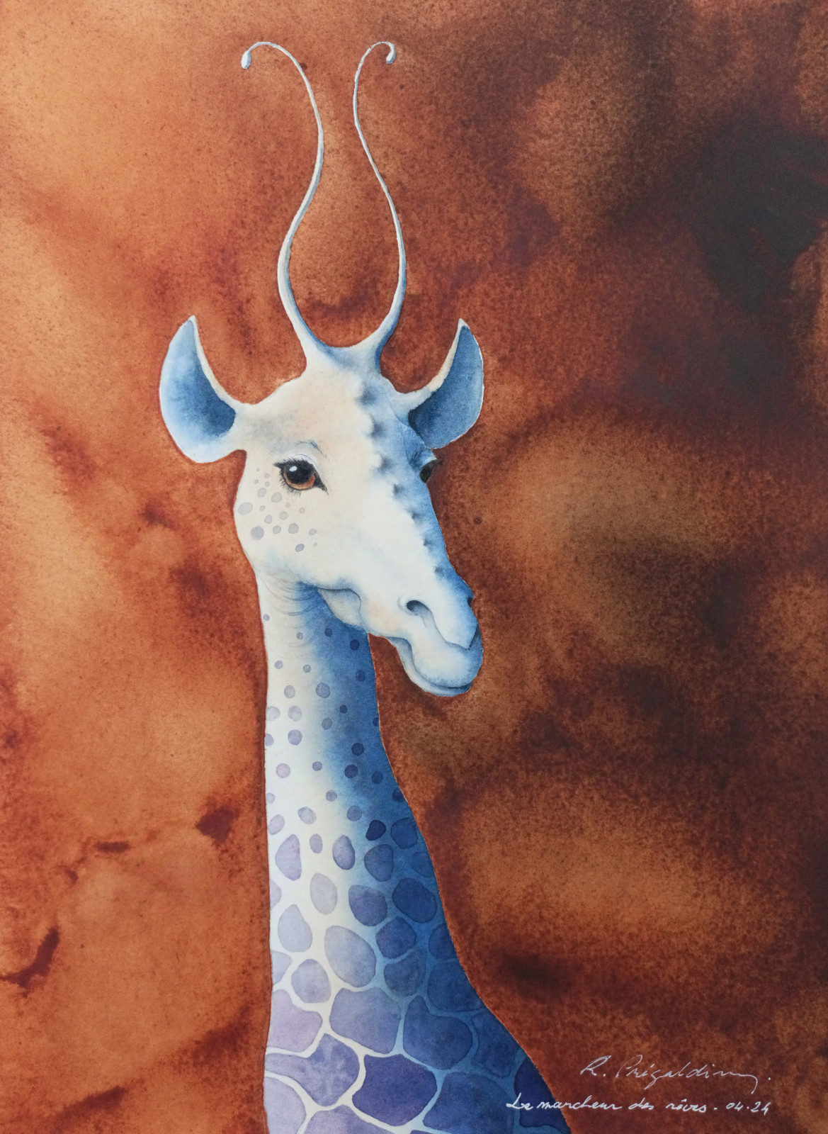 Aquarelle de Renaud Prégaldiny artiste peintre aquarelliste de Lyon. Personnage fantastique et poétique, la Girafe bleue nous regarde avec son étrange différence et son élégance.