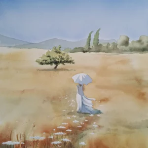 Aquarelle originale de Renaud Prégaldiny artiste peintre aquarelliste Français. Prix d'aquarelle 2026 Rochetaillée. Une jeune femme en robe blanche marche dans un pré couleur ocre avec une ombrelle. Elle avance de dos sur un chemin d'ombelifères blanches et se dirige vers un arbre. L'ensemble représente un grand paysage ensoleillé avec des montagnes au loin.
