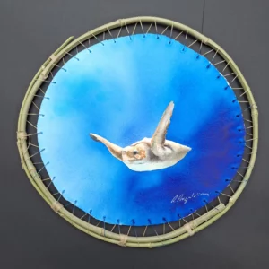Aquarelle originale de Renaud Prégaldiny artiste peintre aquarelliste Lyonnais. Tortue marine semblant voler dans l'océan sur un fond bleu turquoise.