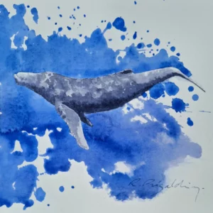 Aquarelle originale de Renaud Prégaldiny, artiste peintre aquarelliste Lyonnais. Baleineau jouant dans un océan d'éclaboussures bleues.