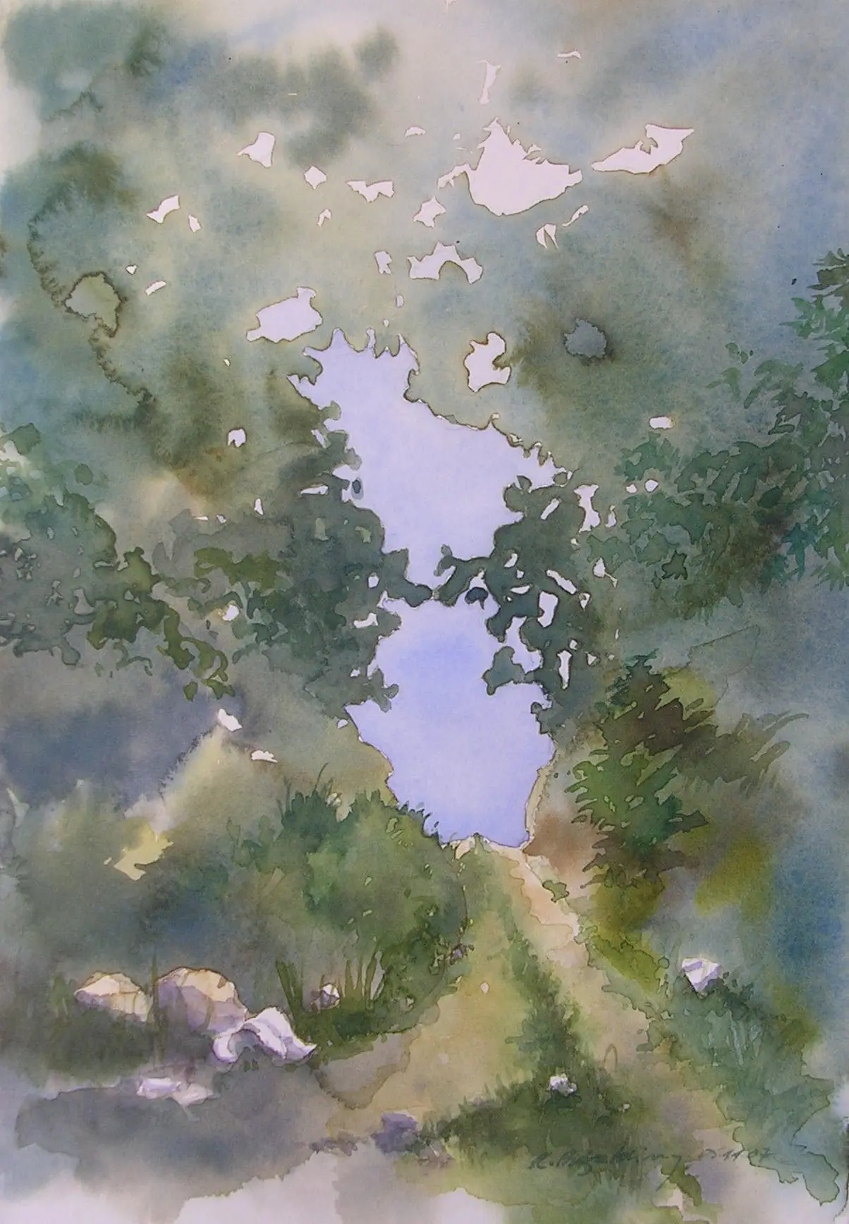 Aquarelle de paysage réalisée par Renaud Prégaldiny, artiste peintre Français de Lyon. Un chemin forestier mène à une ouverture mystérieuse dans le ciel.