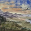 Aquarelle originale de Renaud Prégaldiny artiste peintre aquarelliste Lyonnais. Un navigateur sur une barque à voile vole dans le ciel d'un grand paysage. Un fleuve dans la plaine bordée de montagne avec un couché de soleil.
