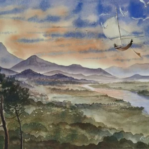 Aquarelle originale de Renaud Prégaldiny artiste peintre aquarelliste Lyonnais. Un navigateur sur une barque à voile vole dans le ciel d'un grand paysage. Un fleuve dans la plaine bordée de montagne avec un couché de soleil.