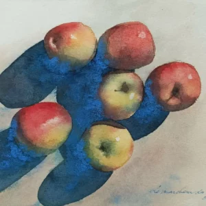 Aquarelle d'une nature morte : Les pommes. Renaud Prégaldiny artiste peintre aquarelliste lyonnais met l'accent sur l'ombre bleue des fruits. Héritage des peintres impressionnistes.