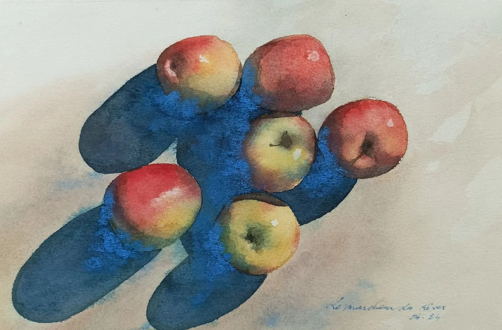 Aquarelle d'une nature morte : Les pommes. Renaud Prégaldiny artiste peintre aquarelliste lyonnais met l'accent sur l'ombre bleue des fruits. Héritage des peintres impressionnistes.