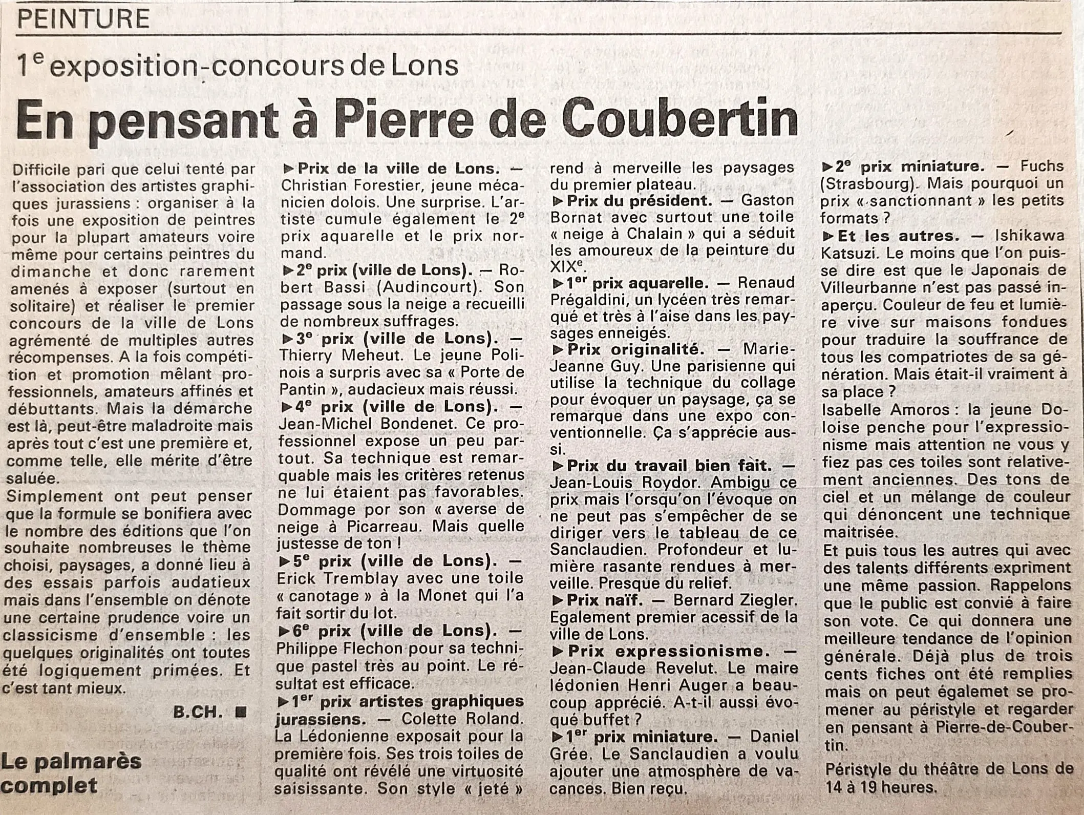 Article de presse Renaud Prégaldiny artiste peintre aquarelliste Lyonnais. Classement des lauréats au concours de peinture.