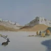Aquarelle originale de Renaud Prégaldiny artiste peintre aquarelliste Lyonnais. Paysage de nature paisible aux pieds des montagnes majestueuses avec un cerf dans la brume.