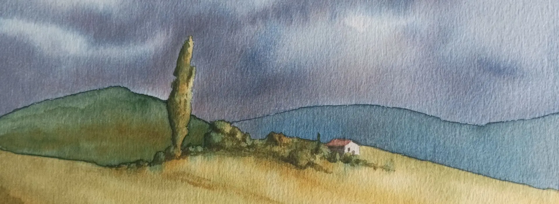 Aquarelle originale de Renaud Prégaldiny artiste peintre Français. Paysage avec une petite maison sur une colline et un ciel orageux.