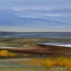 Aquarelle originale de Renaud Prégaldiny. Aquarelliste Lyonnais. Paysage minimaliste tons chauds de terre et de bleus.