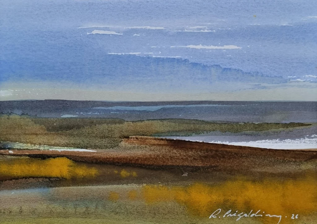 Aquarelle originale de Renaud Prégaldiny. Aquarelliste Lyonnais. Paysage minimaliste tons chauds de terre et de bleus.