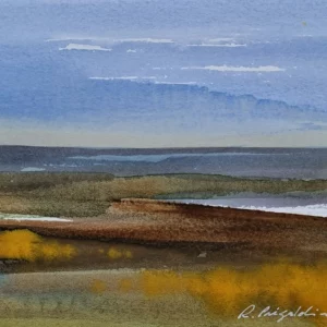 Aquarelle originale de Renaud Prégaldiny. Aquarelliste Lyonnais. Paysage minimaliste tons chauds de terre et de bleus.