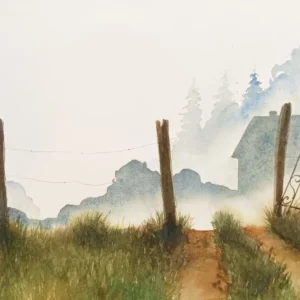 Renaud Prégaldiny artiste peintre aquarelliste. Aquarelle d'un paysage imaginaire dans la brume avec en arrière plan un rideau d'arbres et une maison.