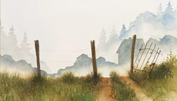 Renaud Prégaldiny artiste peintre aquarelliste. Aquarelle d'un paysage imaginaire dans la brume avec en arrière plan un rideau d'arbres et une maison.