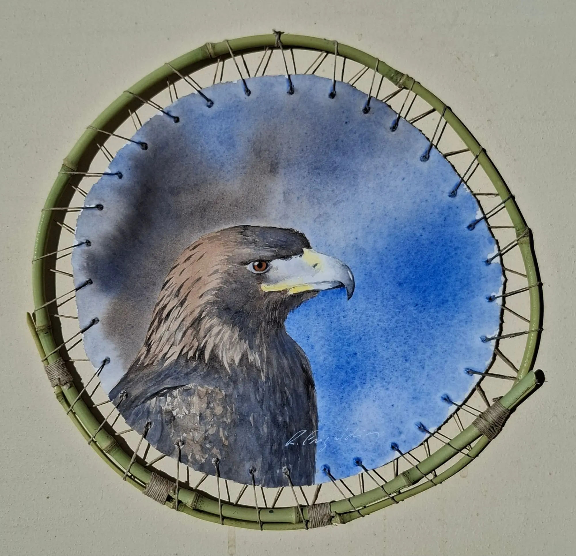 Aquarelle originale de Renaud Prégaldiny, peintre Lyonnais. Aigle royal majestueux. Technique exclusive de papier Arches tendu sur un cadre de bambou.