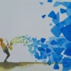 Aquarelle originale de Renaud Prégaldiny. Un musicien saxophoniste en silhouette, joue une mélodie bleue symbolisée par des taches colorées s'envolant dans le ciel.
