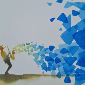 Aquarelle originale de Renaud Prégaldiny. Un musicien saxophoniste en silhouette, joue une mélodie bleue symbolisée par des taches colorées s'envolant dans le ciel.